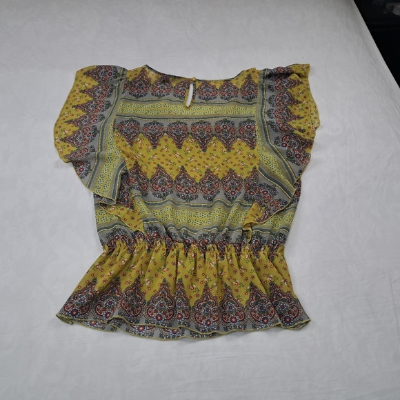 WD NY Women’s Yellow Blue Floral Ruffle Sheer Top Blouse Size L - Picture 10 of 10